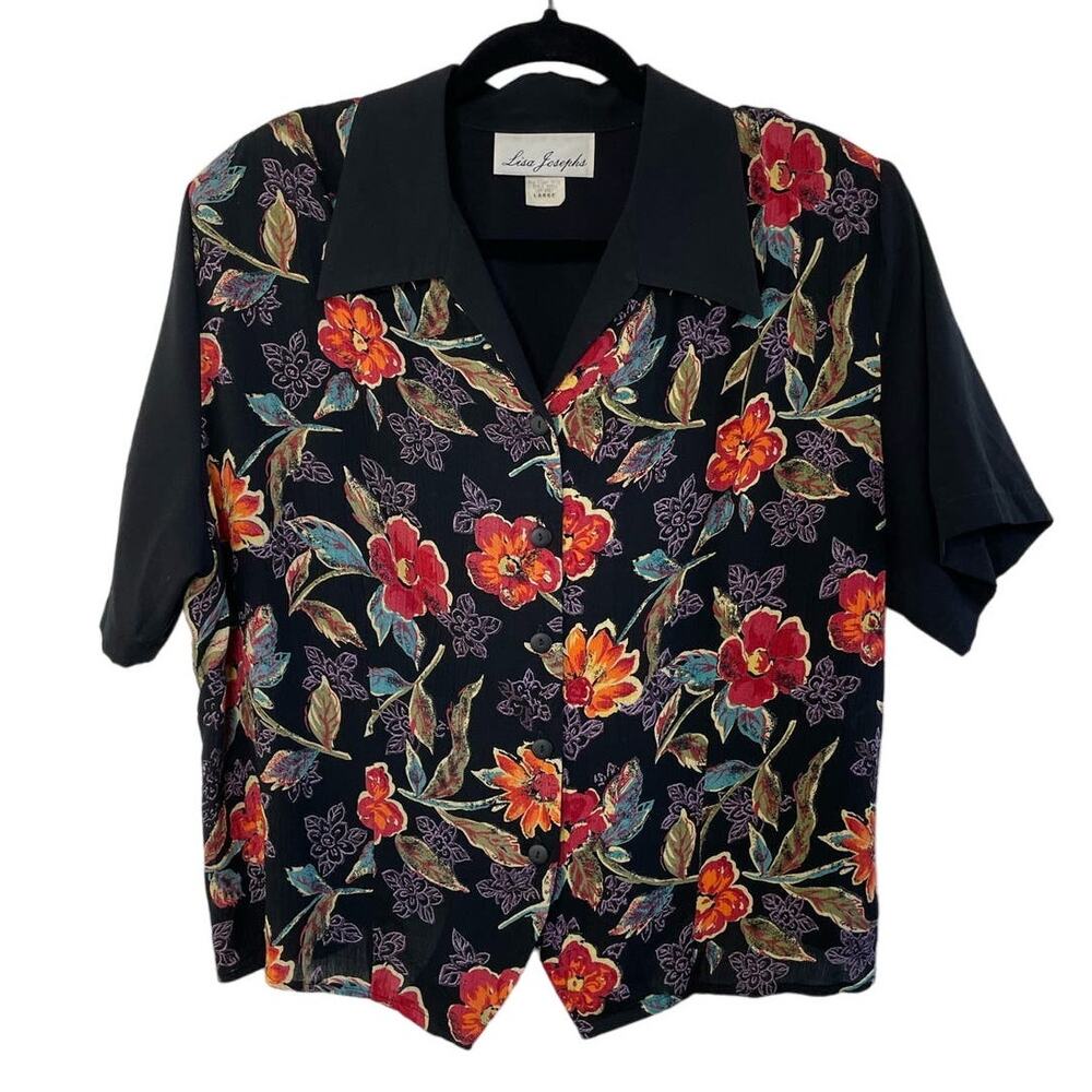 Vtg Lisa Josephs‎ Black Floral Button-Up Blouse Made USA Multi Color L 80s 90s